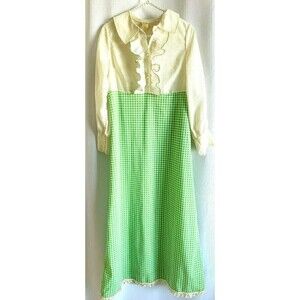 70s Gingham Prairie Dress Girls S Green Plaid Modest Ruffle Young Farm Costume